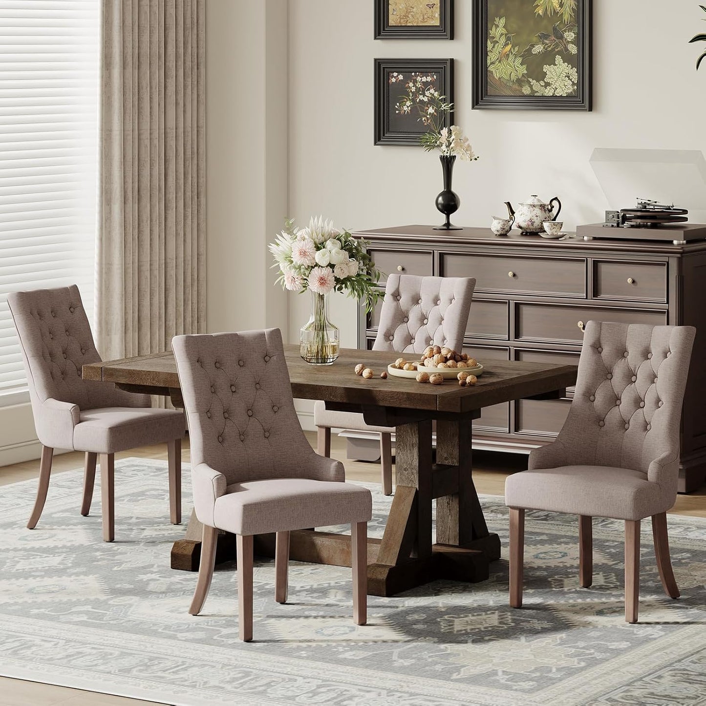 COLAMY Wingback Upholstered Side Dining Room Chairs Set of 4, Fabric Dining Chairs with Tufted Button, Living Room Chairs for Home Kitchen, Taupe