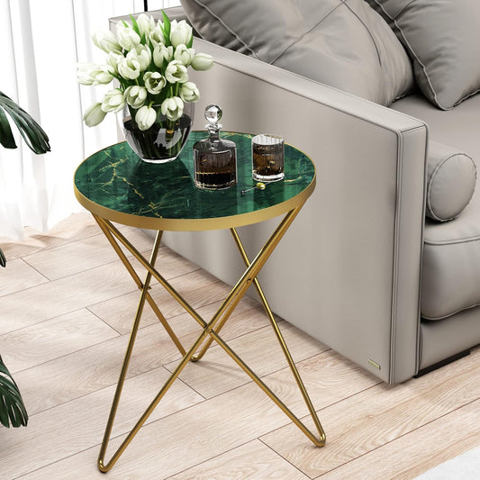 HLR Modern Round Side Table, End Table with Marble Effect Top and Gold Metal Frame, Small Side Table for Living Room, Bedroom, Sofa and Couch, Gold Legs, Green Marble top
