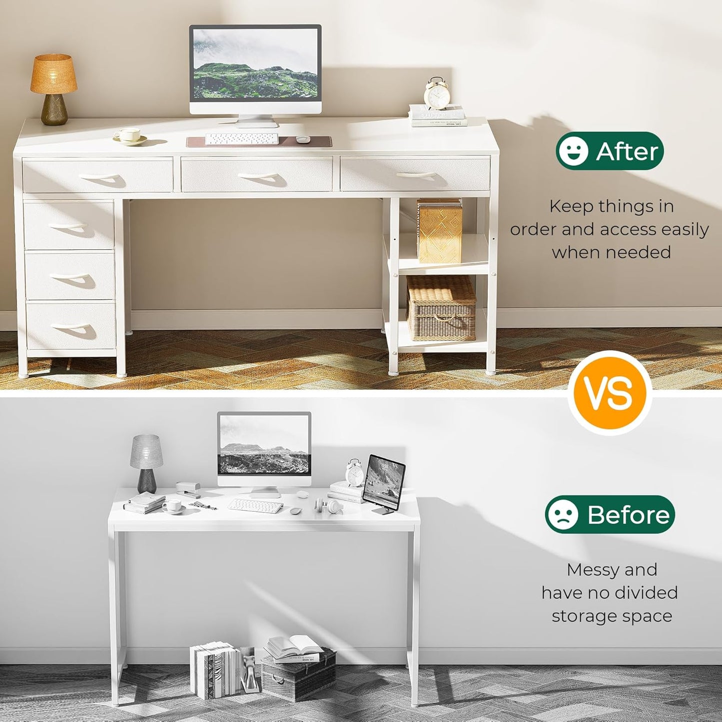 Huuger Computer Desk with 6 Drawers, 54 Inch Office Desk with Shelves, Reversible Gaming Desk, Corner Desk with Storage, Work Desk for Home Office, Study, Living Room, White