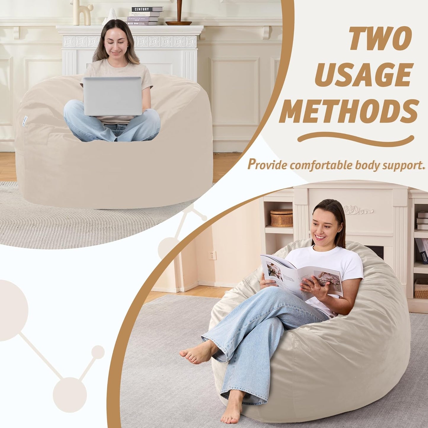 3FT Bean Bag Chair with Ultra Soft Velvet Cover Bean Bag Sofa with Memory Foam Bean Bag Chairs with Large Size Lazy Sofa for Dorm Office Living Room Bedroom Beige 3'