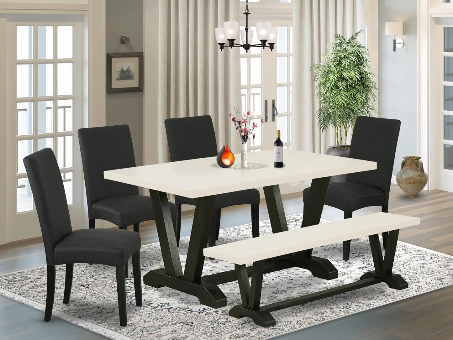 East West Furniture V626DR124-6 6 Piece Kitchen Table & Chairs Set Contains a Rectangle Dining Room Table and 4 Black Color Linen Fabric Parson Chairs with a Bench, 36x60 Inch, Multi-Color