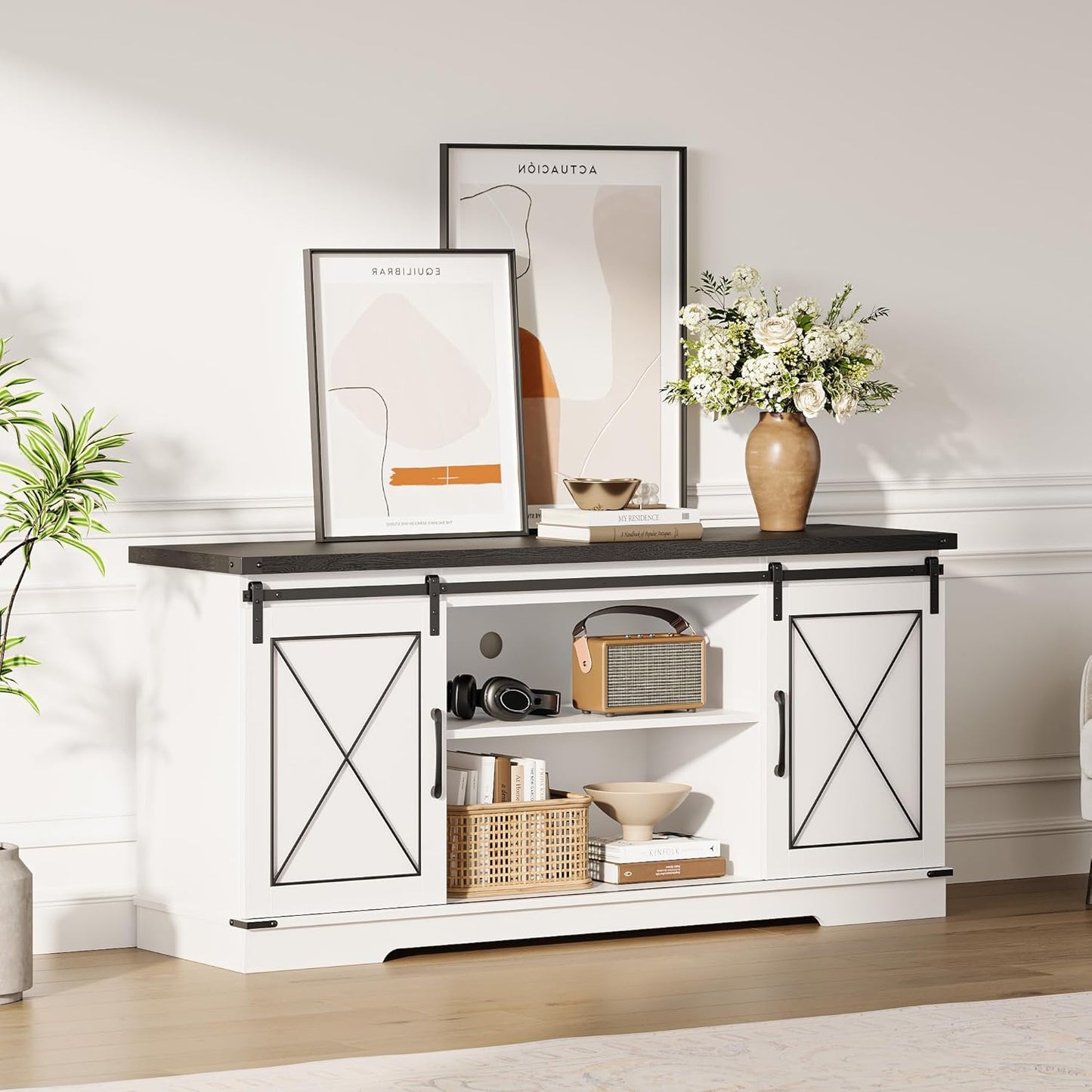 CABIHOME Farmhouse TV Stand and Entertainment Center for TV Up to 65 Inches with Sliding Barn Doors and Adjustable Shelf, TV Media Storage Console Table and Furniture for Living Room, Bedroom, White