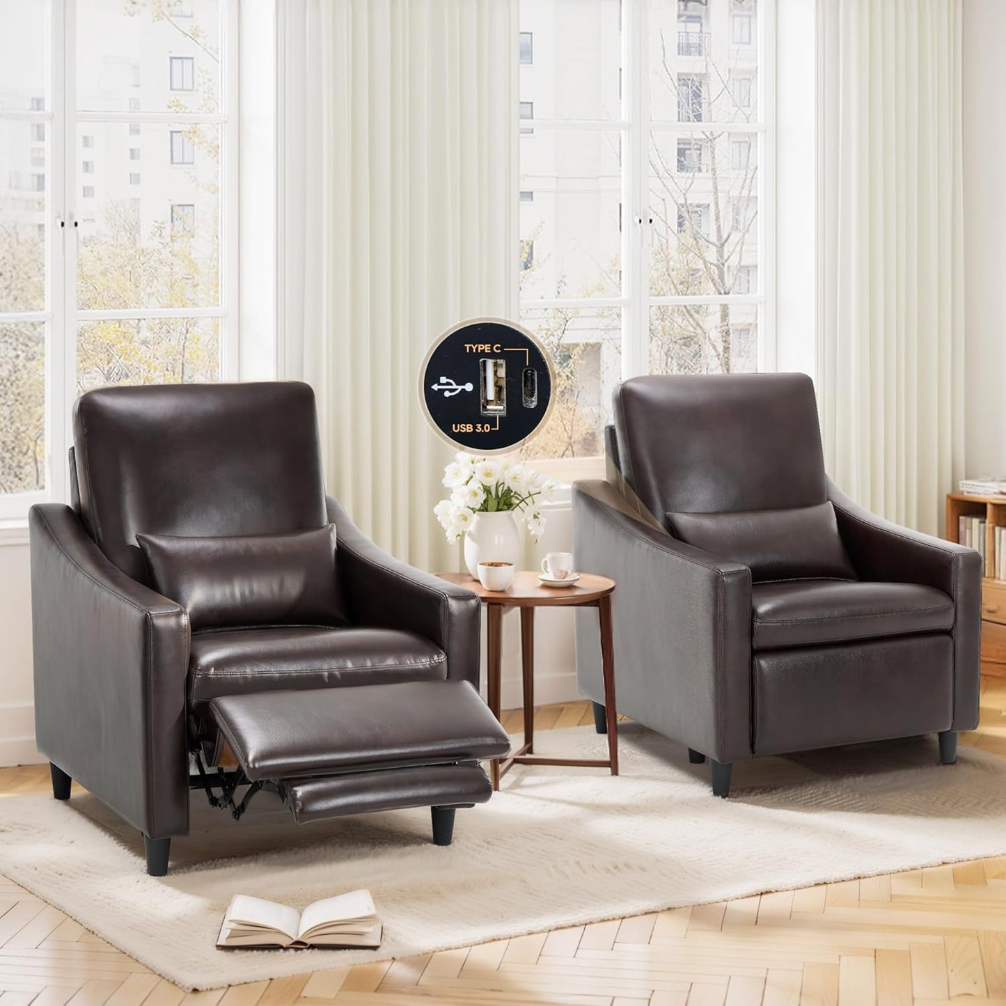 COLAMY Pushback Electric Recliner Chair Set of 2, Premium Leather Upholstery with Adjustable Angles, Extra Lumbar Pillow, Built-in Charging Port, Business-Casual Style for Living Room,Brown