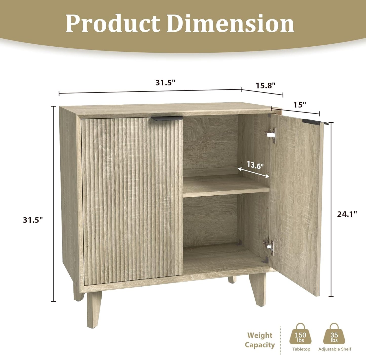 Fluted Cabinet with Storage, Small Buffet Storage with Doors, Buffet Sideborad Accent Cabinet with Adjustable Shelves for Living Room, Kitchen, Entry, Hallway, Natural