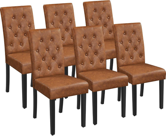 Yaheetech Dining Chairs Set of 6 Modern Style Faux Leather Dining Room Chairs with Solid Wood Legs and Button Tufted Padded for Home Kitchen, Retro Brown