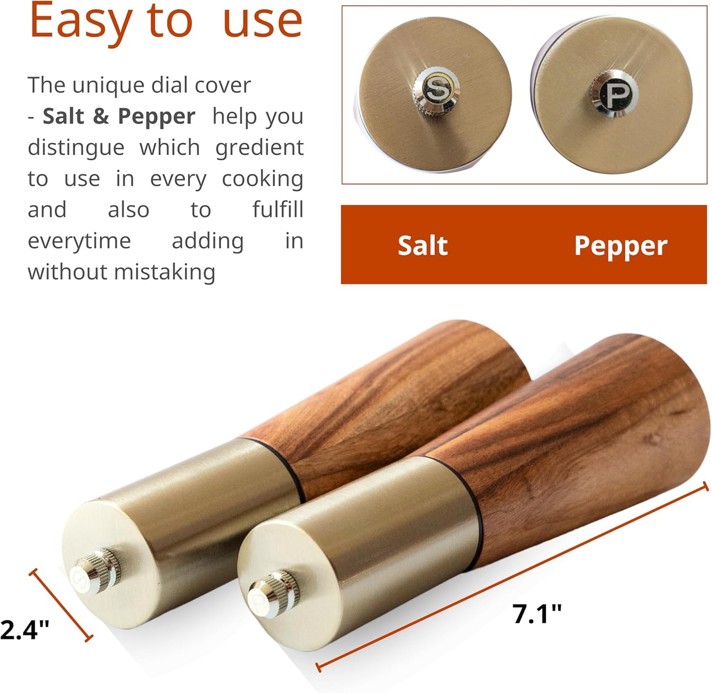 Gold Salt and Pepper Grinder Mill Set With Wood Base, Free Gold Funnel,Stainless Steel Manual Salt Shaker and Pepper Mill,Adjustable Thickness,Suitable For Kitchen (Salt & Pepper Grinder)