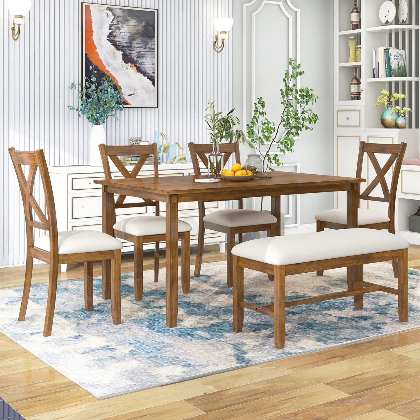 Ball & Cast 6 Piece Dining Table Set with 4 "X-Shaped Curved Backres Fabric Chairs & 1 Bench,Living Room Furniture W/ 60" Rectangle Kitchen Desk,for Restaurant,Home Bistro,Natural Cherry