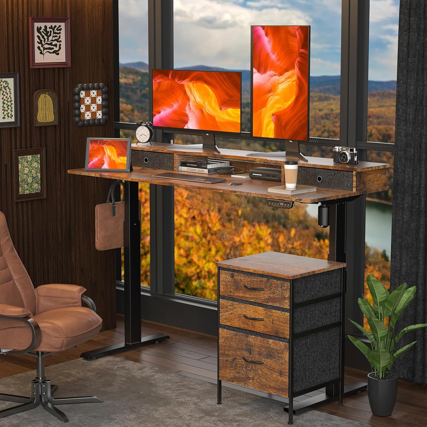 63 Inch Electric Standing Desk with Cabinet & Drawers, Height Adjustable Sit Stand Desk with Monitor Shelf, Smart Home Office Standing Computer Desk, Rustic Brown