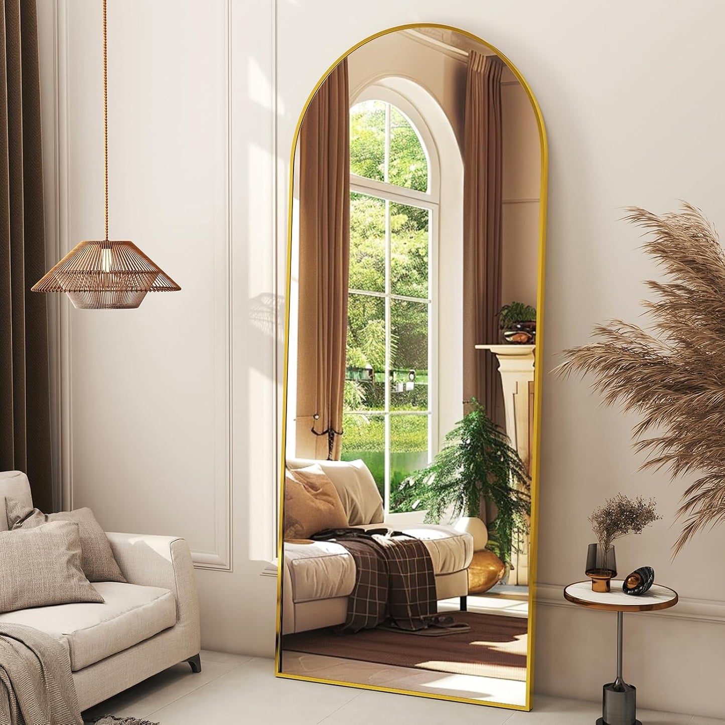 56" x21 Arched Full Length Mirror Floor Mirrors with Aluminum Alloy Frame Free-Standing Wall Mounted Floor Mirrors or Large Dressing Mirror, Gold Mirror Full Length