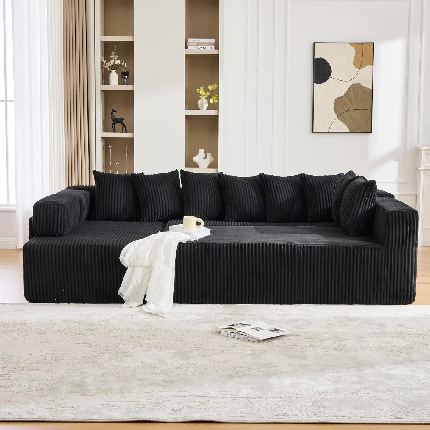 Eafurn DIY Combination Compression Modular Sectional Sofa with Double Chaise Lounge, 146" Oversized U Shaped Boneless Couch with Deep Seat Convertible Sleeper Sofabed w/Throw Pillows