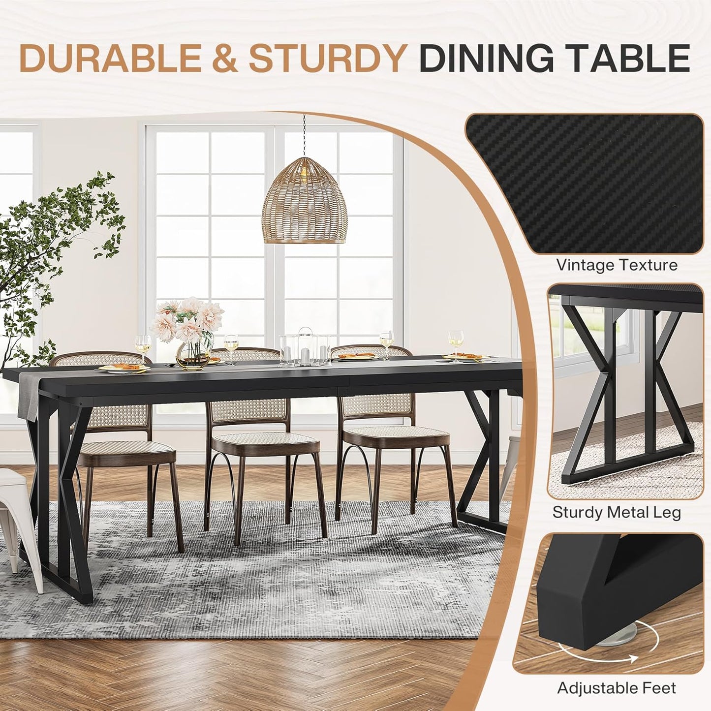 Tribesigns Farmhouse Dining Table for 6 People, 70.8-Inch Rectangular Wood Dining Table, Rustic Kitchen Table with Heavy Duty Metal Legs for Dining Room (Matte Black, 70.8-Inch)
