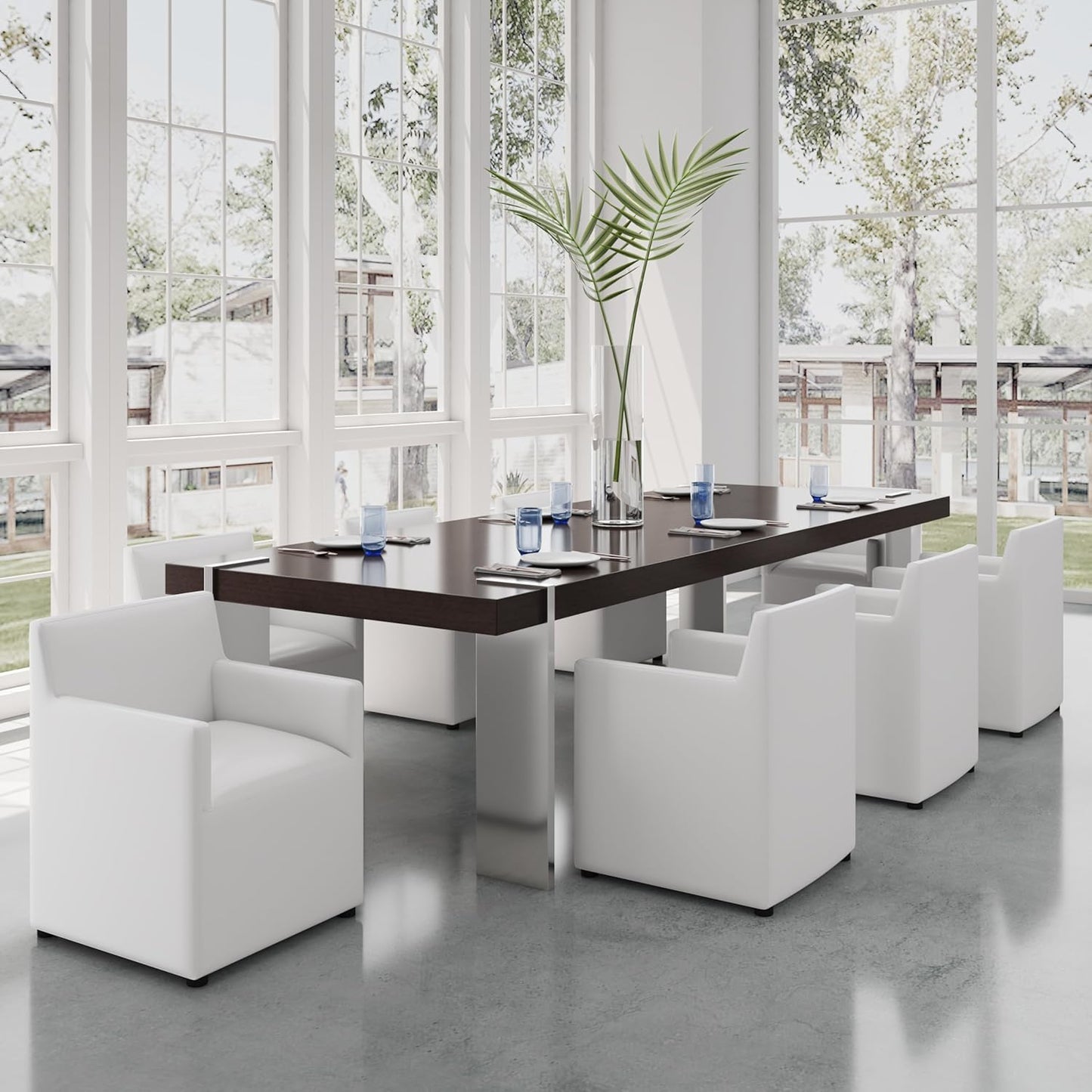 Manhattan Comfort Anna Square Modern Dining Chair with Arms, Head-to-Toe Faux Leather Upholstered Accent Armchair with Plastic Foot Padding, Set of 1, Cream