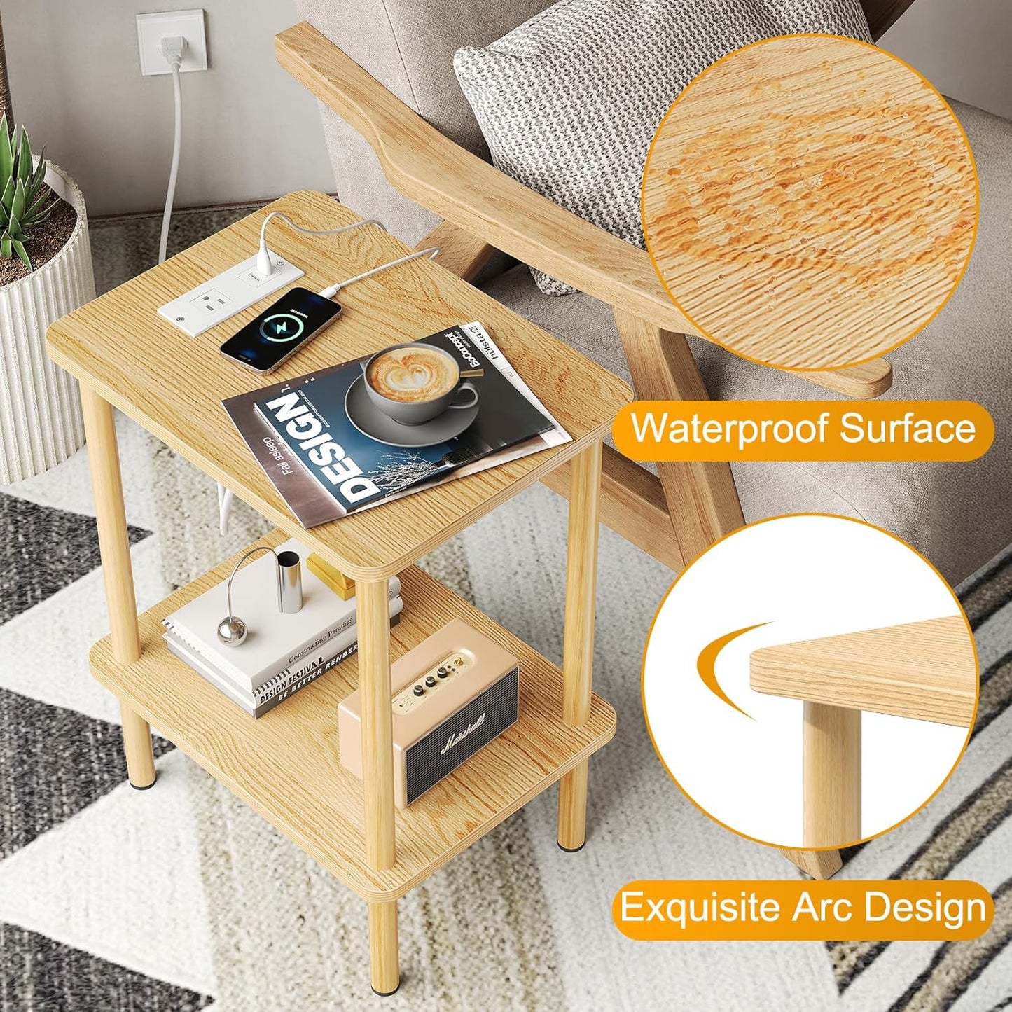 Apicizon 2 Tier End Table Set of 2, Small Side Table with Charging Station, Boho Bedside Table with USB Ports and Outlets, Nightstand for Small Spaces, Bedroom, Living Room, Easy Assembly, Natural