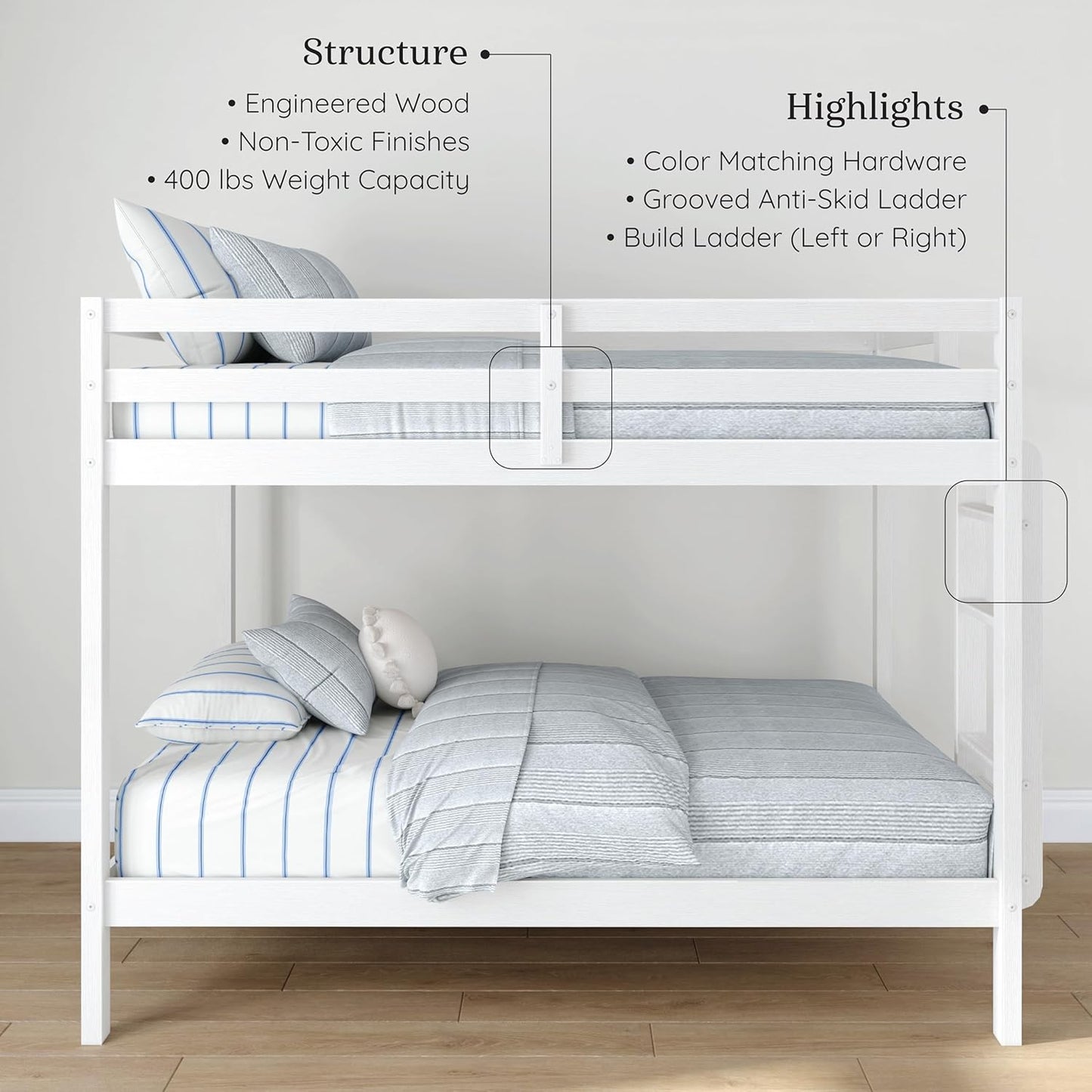 Grain & Grove Bear Twin Over Twin Bunk Bed, Sturdy Bunk Bed Frame for Kids, Plywood Bunk with Ladder, Guardrail, and Slats, No Box Spring Required, Brushed White