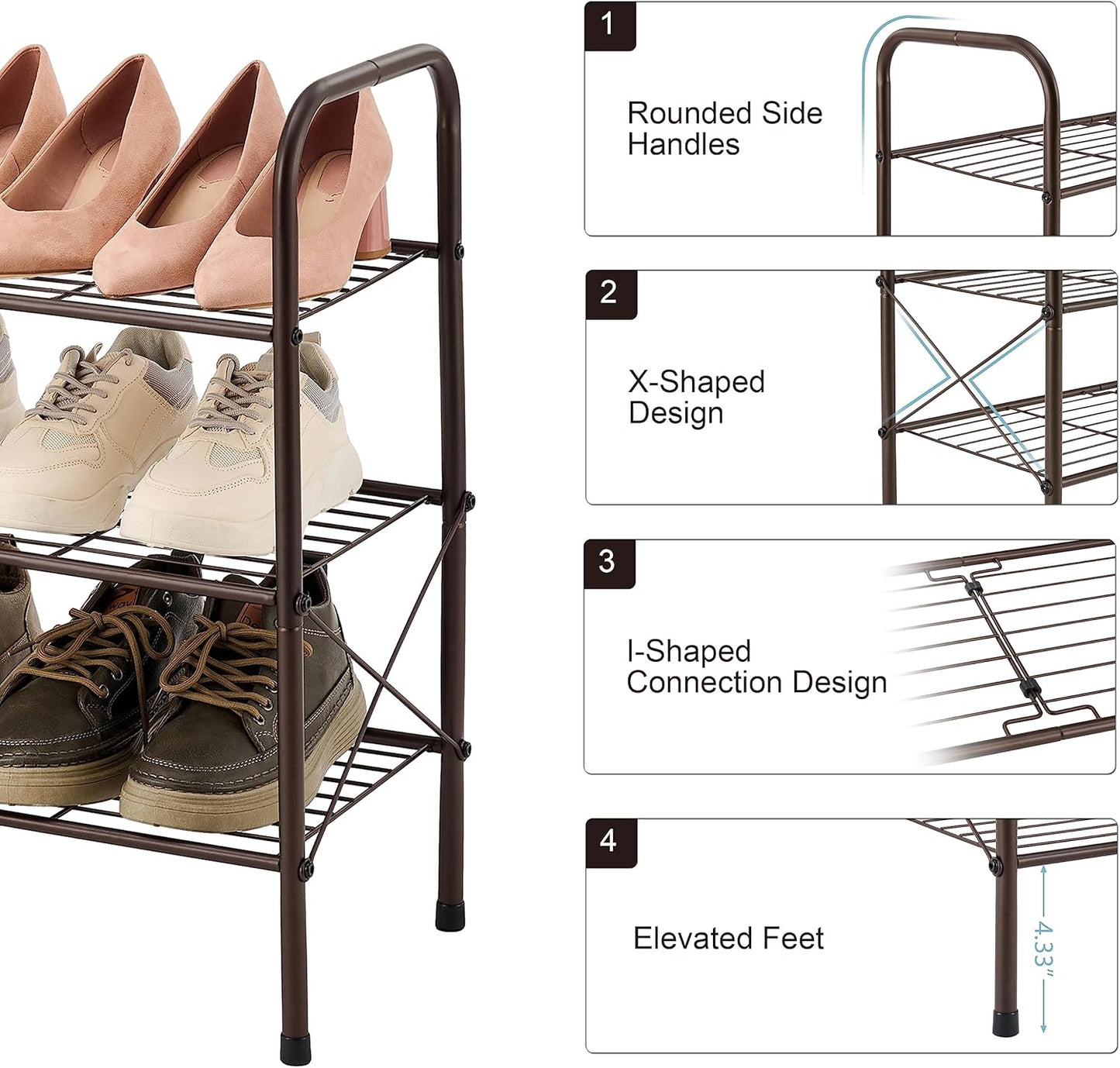 Hoctieon 3 Tier Mesh Style Shoe Rack, Entryway Shoe Shelf, Shoe Storage Organizer, Shoe Rack for Closet, Space Save for Bathroom, Garage, Hallway, Bedroom, Living Room, Brown