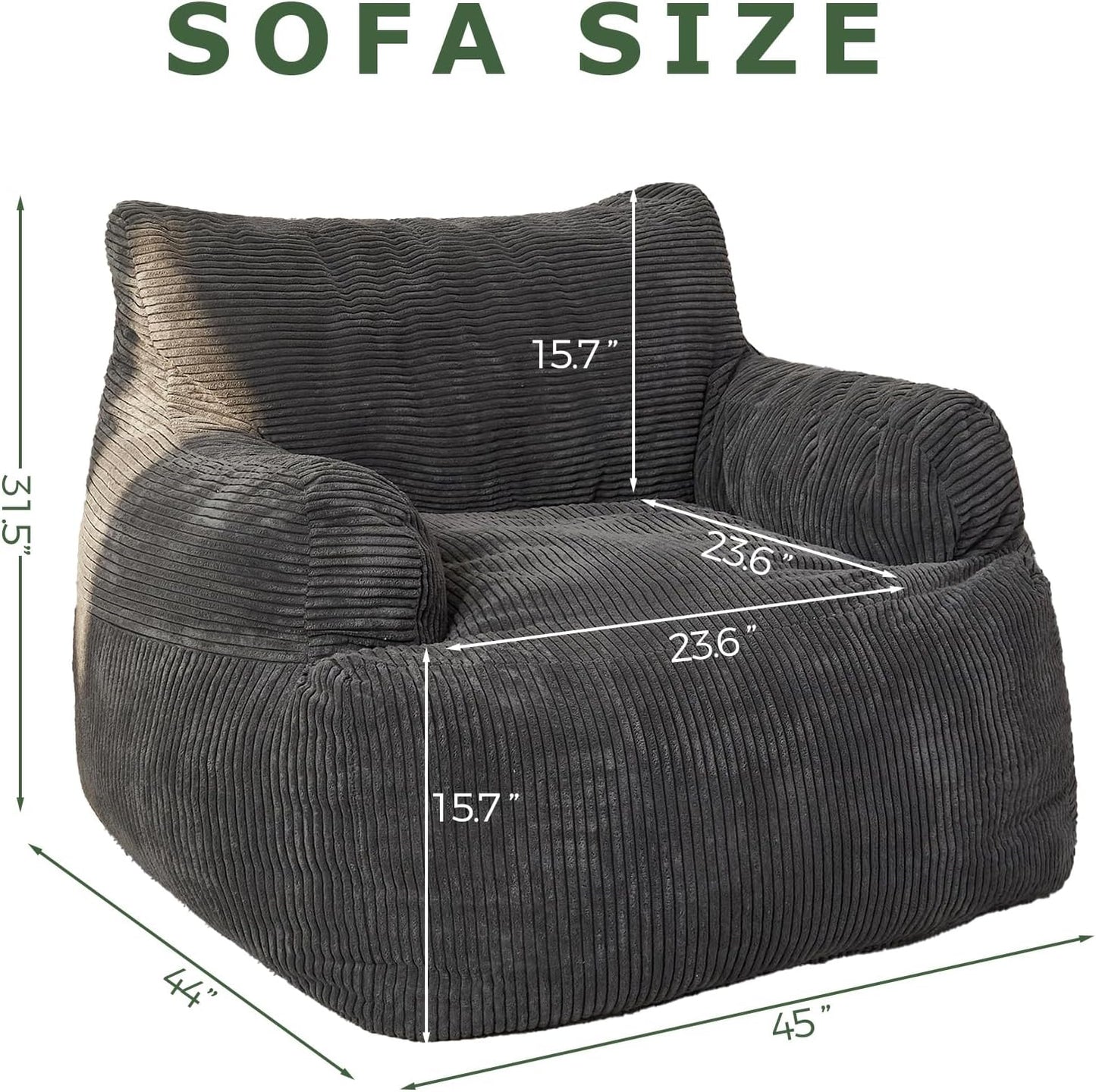 HIGOGOGO Giant Bean Bag Chair Sofa, Big Comfy Chair for Bedroom Living Room, Bean Bag Lazy Chair for Adults with Pocket Armrests for Gaming, Reading, Large, Dark Grey