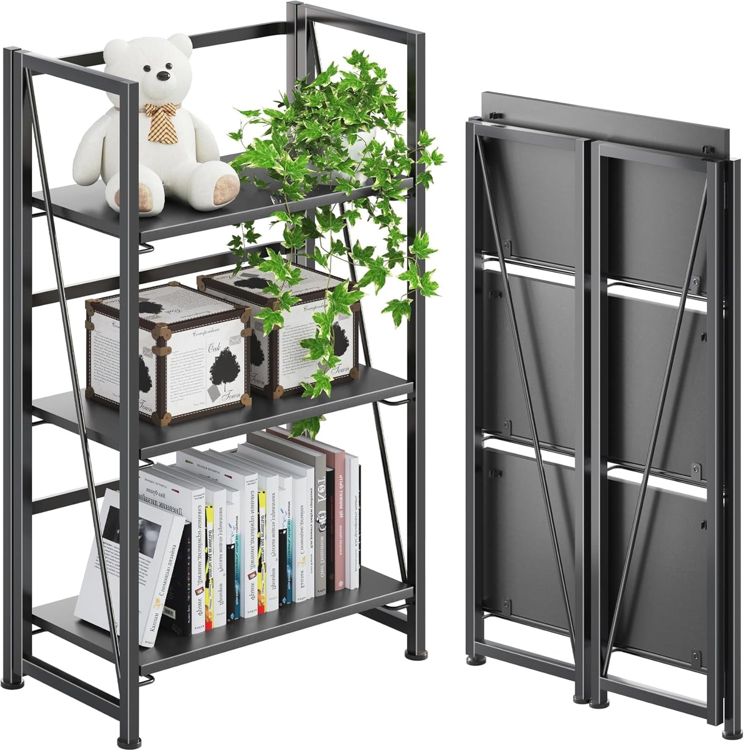 4NM No-Assembly Folding Bookshelf Storage Shelves 3 Tiers Vintage Bookcase Standing Racks Study Organizer Home Office (All Black)
