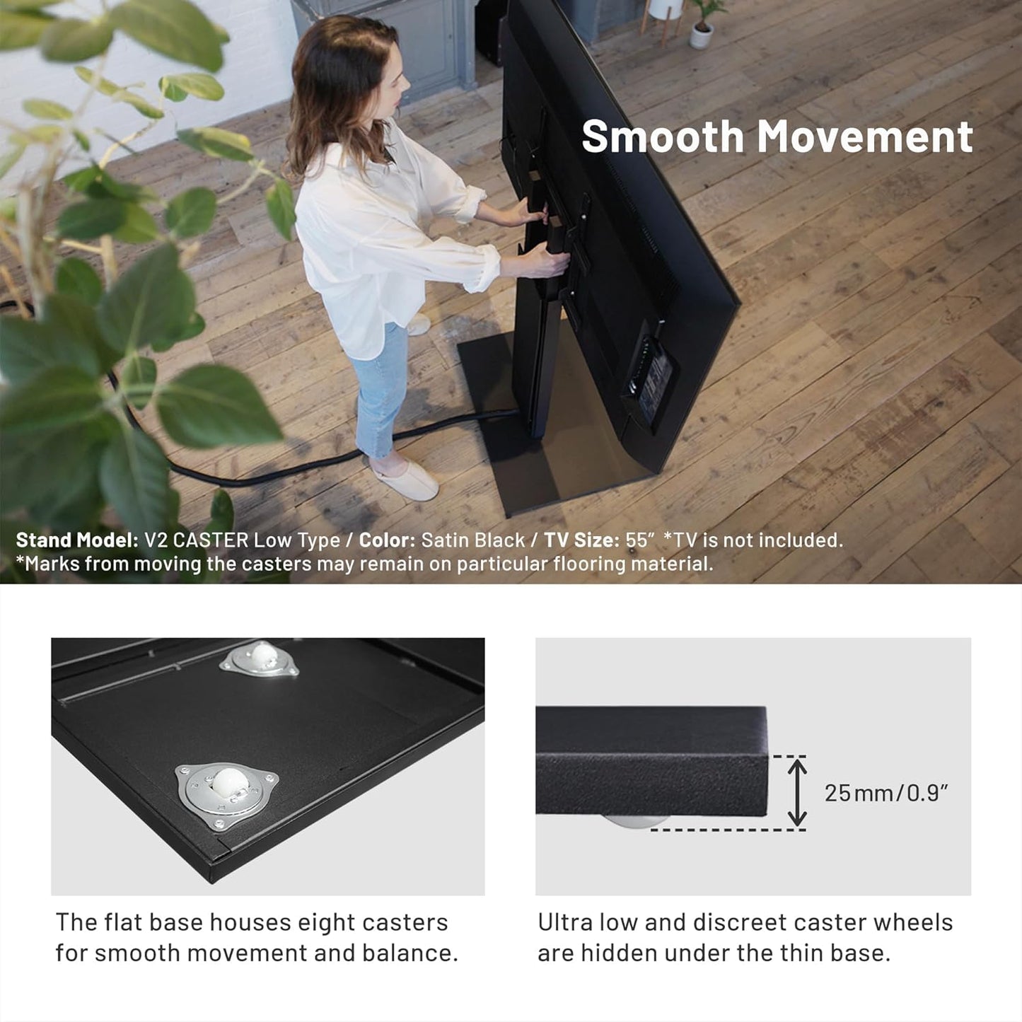 WALL V2 Caster Low Type | Minimalist Rolling TV Stand for 32–60 Inch | Satin White | Portable, Space Saving, Height Adjustable, No Drill | for Living Room and Bedroom | Japanese Design & Engineering