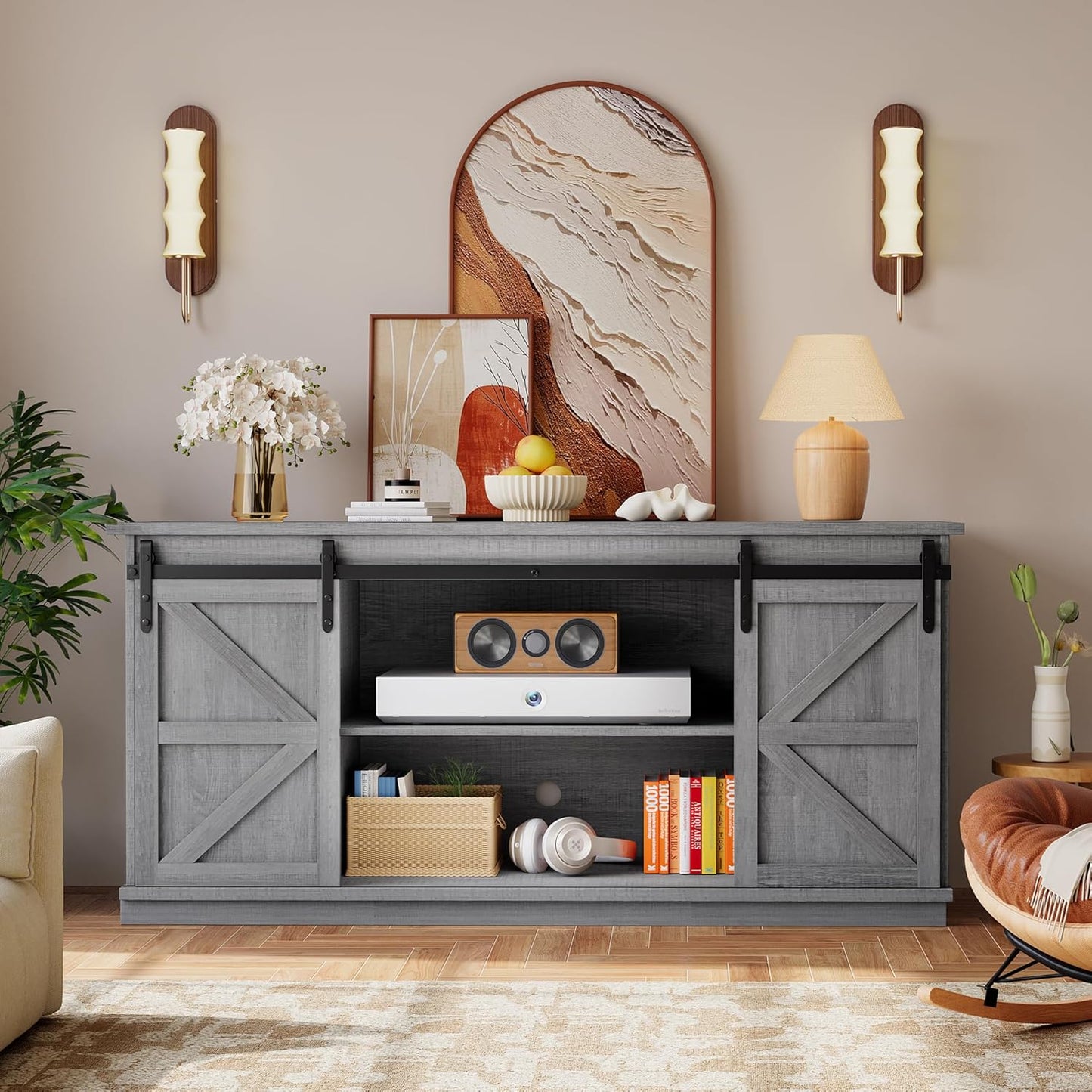 YESHOMY TV Stand for Televisions up to 65 Inchs, with Sliding Barn Doors and 4 Storage Drawers, Console Table and Media Furniture for Living Room, 58 Inch, Gray