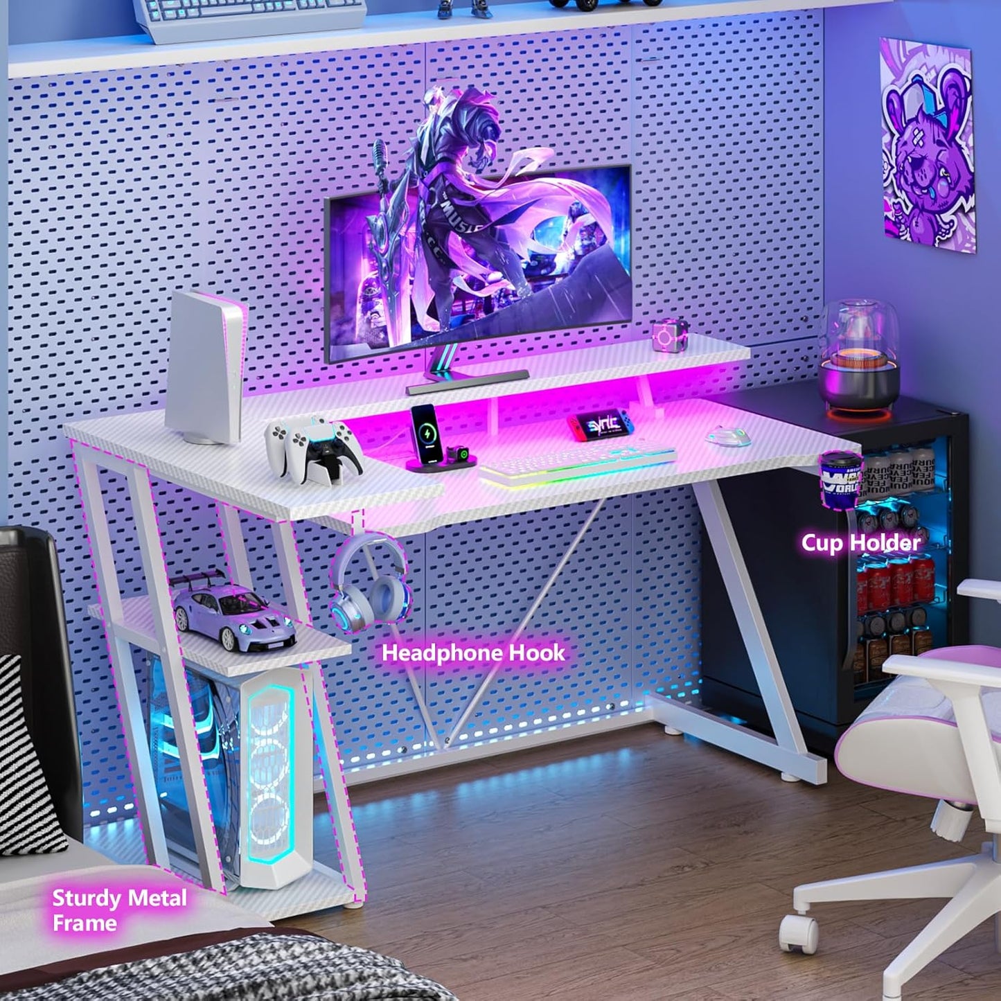 55 Inch White Gaming Desk with Power Outlet & LED Lights, L Shaped Computer Desk Gaming with 3 Tiers Storage Shelves, Reversible Corner Desk with Monitor Stand for Bedroom