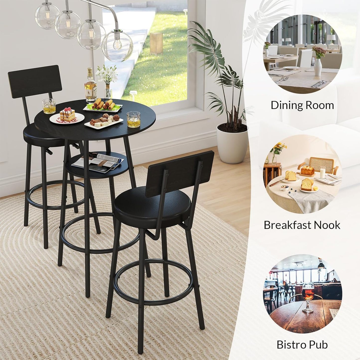 3 Pieces Round Bar Table Set, Small Dining Table for 2, Black Kitchen Bar Table, Breakfast Table with Storage, 2 Thickened Cushion Stools with Backrest for Dining Room & Bistro-Black