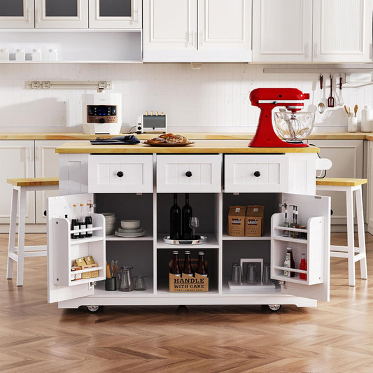YOTPO 53" Large Kitchen Island with Drop Leaf,Power Outlet & Door Internal Storage Rack,Rolling Kitchen Cart on 5 Wheels W/ 5 Open Side Racks for Kitchen,Dining Room,White(Not Include bar stools)