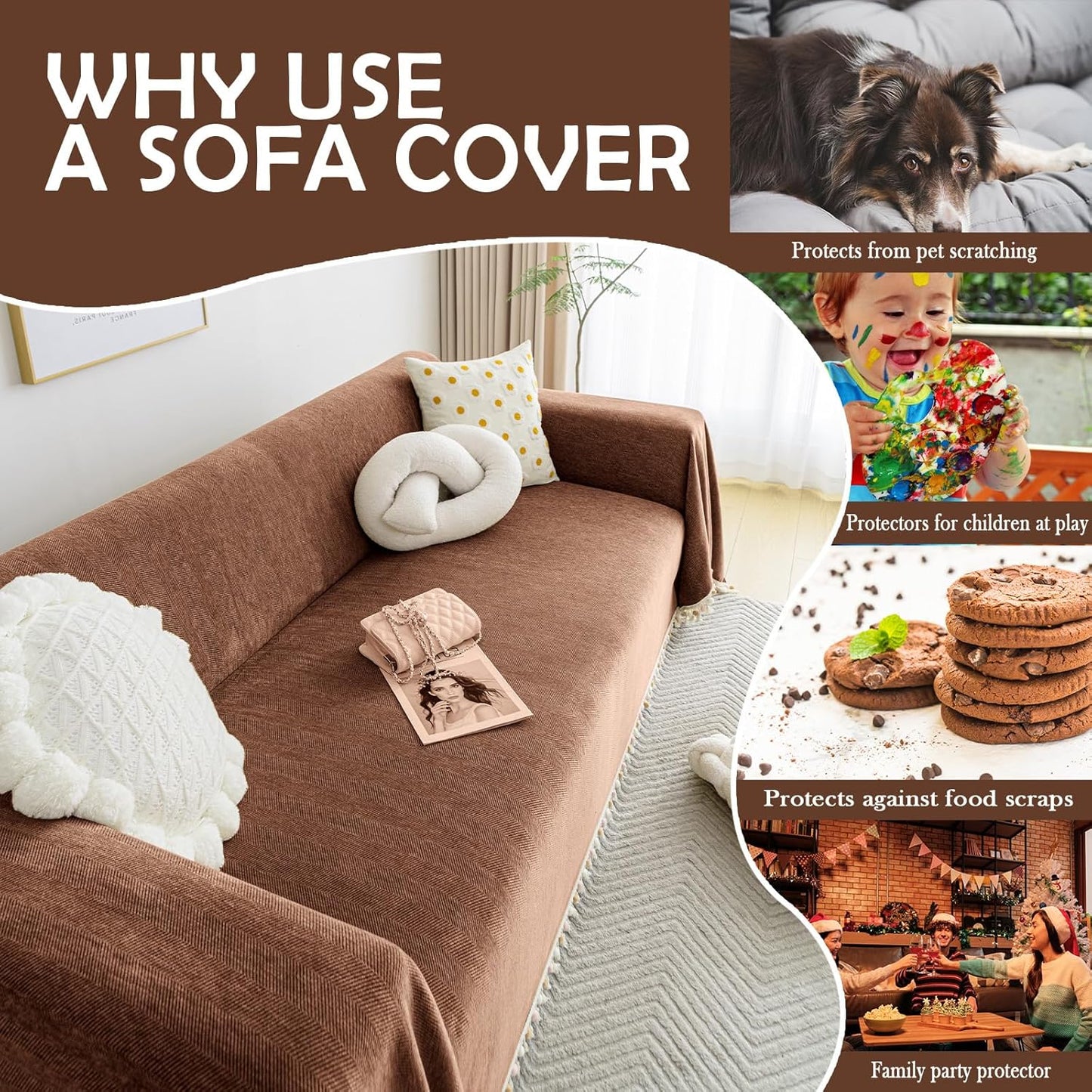 HANDONTIME Boho Style Sofa Cover with Tassels, Washable & Non-Slip Couch Cover for 3 Cushion Sofa, Herringbone Pattern Pet-Friendly Sofa Slipcover, Chocolate Color, 91"x134", Living Room Decor