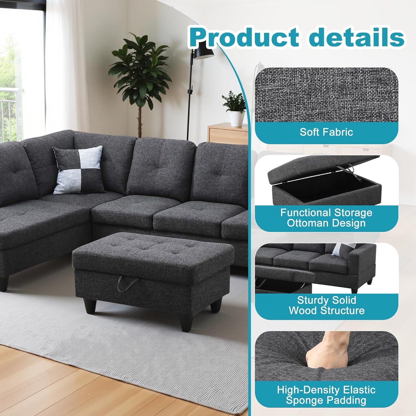 L Shaped Couch Modern Sectional Couch Upholstered Flannel Fabric 3 Pieces Sofas for Living Room with Chaise, Storage Ottoman for Office and Small Apartment, Black Grey