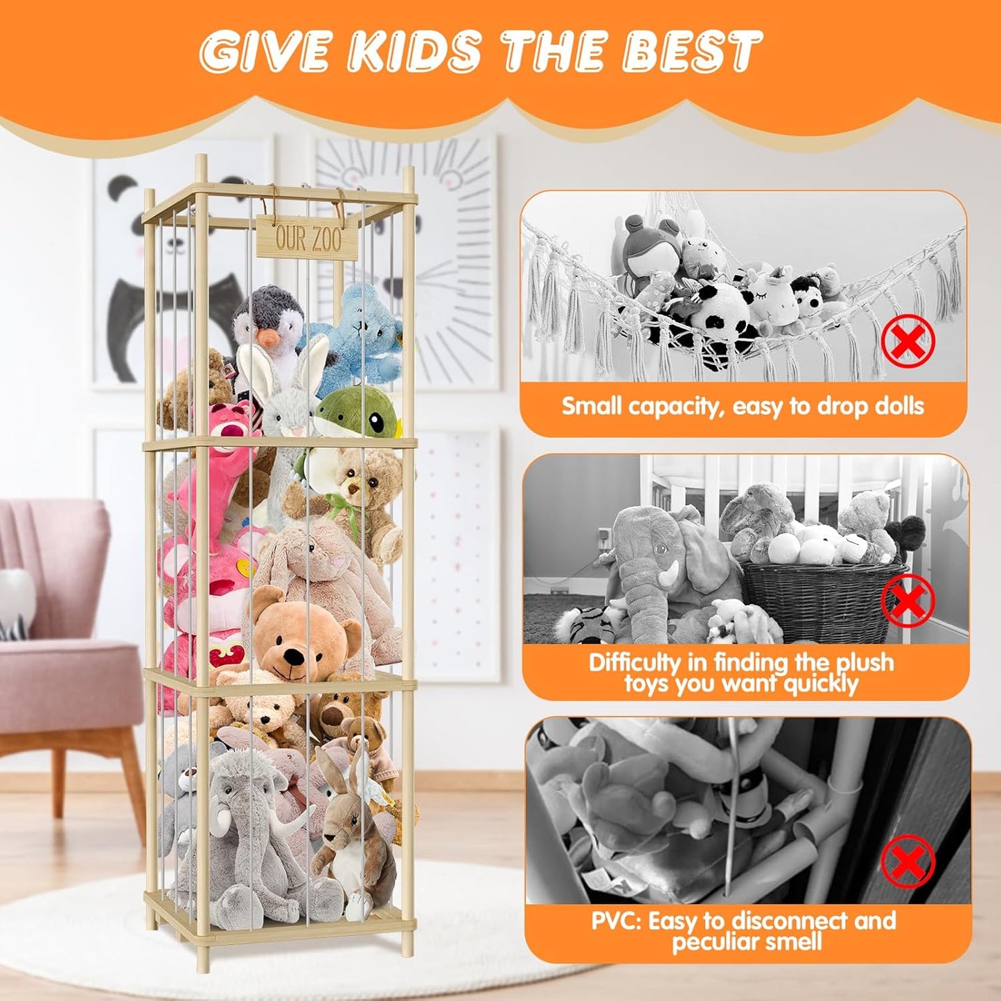 Stuffed Animal Storage, Wood Stuffed Animal Zoo Storage, 54 inch Large Plushy Organizers, Space Save Vertical Stuffed Animals Holder Holds 50+ Stuffed Animals for Nursery Playroom Bedroom (Log Color)