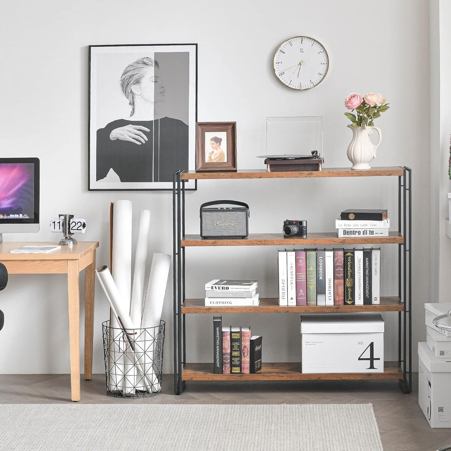 HCHQHS Bookshelf,4-Tier Industrial Bookcase,Rustic Wood and Metal Open Display Book Shelves Home Office,Bedroom Standing Shelf Unit,Horizontal Kitchen Shelf Organizer,Bathroom Storage Rack 47in