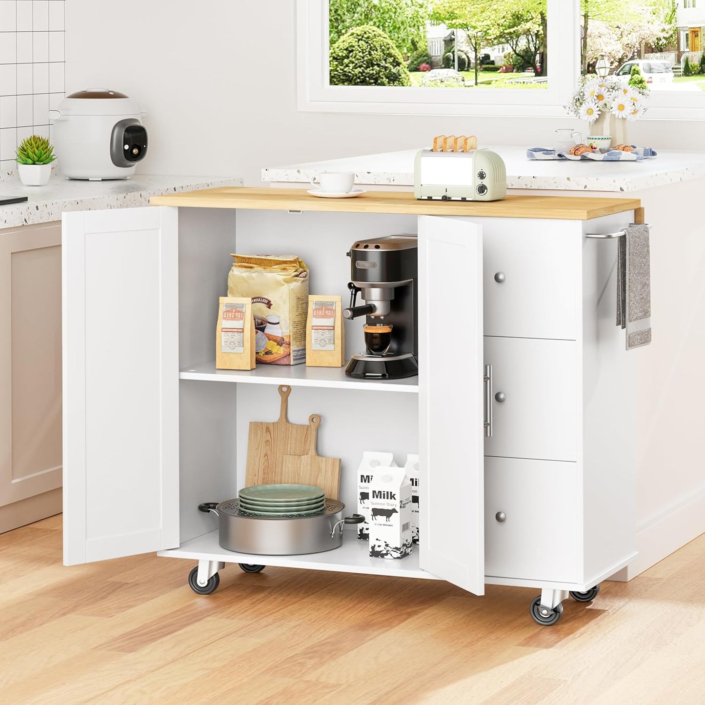 Shintenchi Kitchen Island with Folding Drop Leaf, Rolling Island Table with Storage, Kitchen Cabinet on Wheels with Seating Area for Kitchen, Bar Cart with Cabinet, White
