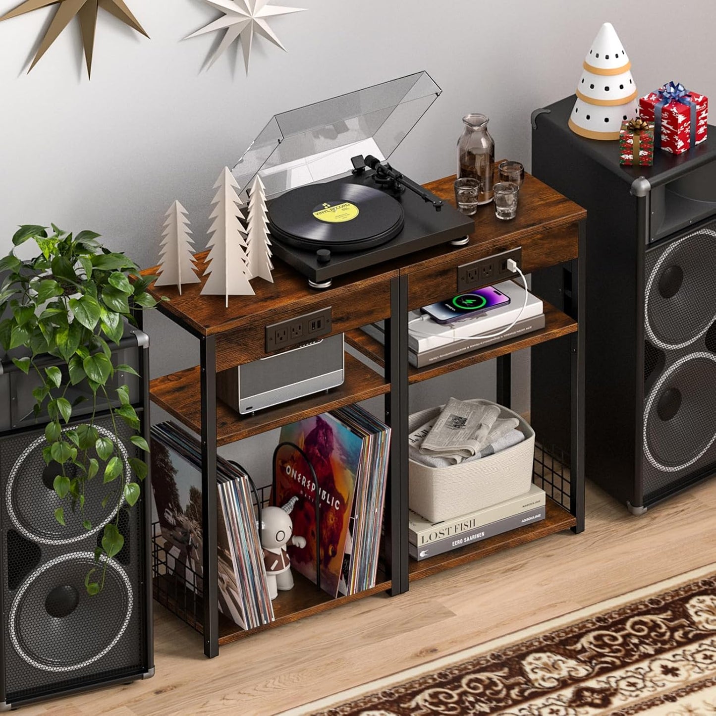 LELELINKY 3 Tier End Table with Charging Station, Brown Record Player Stand with Storage Up to 100 Albums Brown, Night Stand with USB Port, Nightstand for Small Spaces