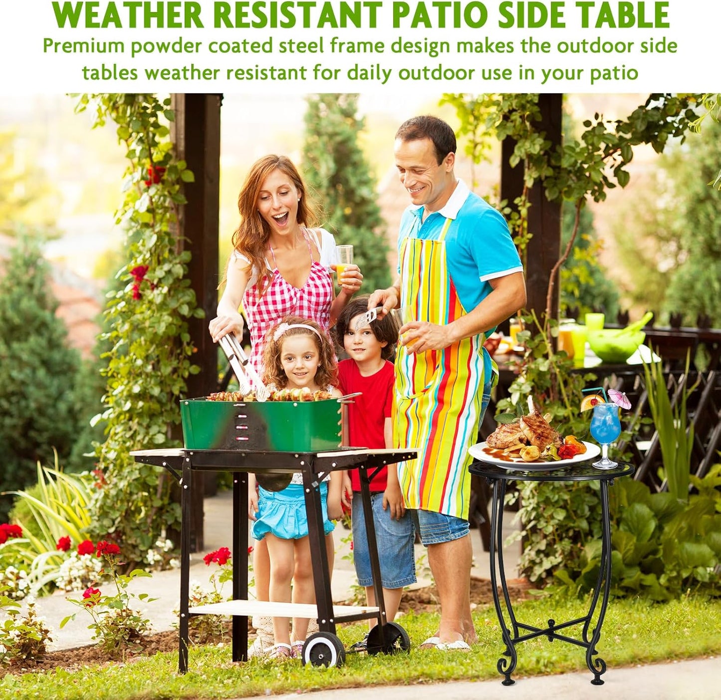 2 Pack Outdoor Side Table for Small Spaces, 14 Inch Patio Side Table,Plant Stand,Round Metal End Table Anti-Rust Waterproof Accent Table for Patio,Yard Porch Balcony Garden