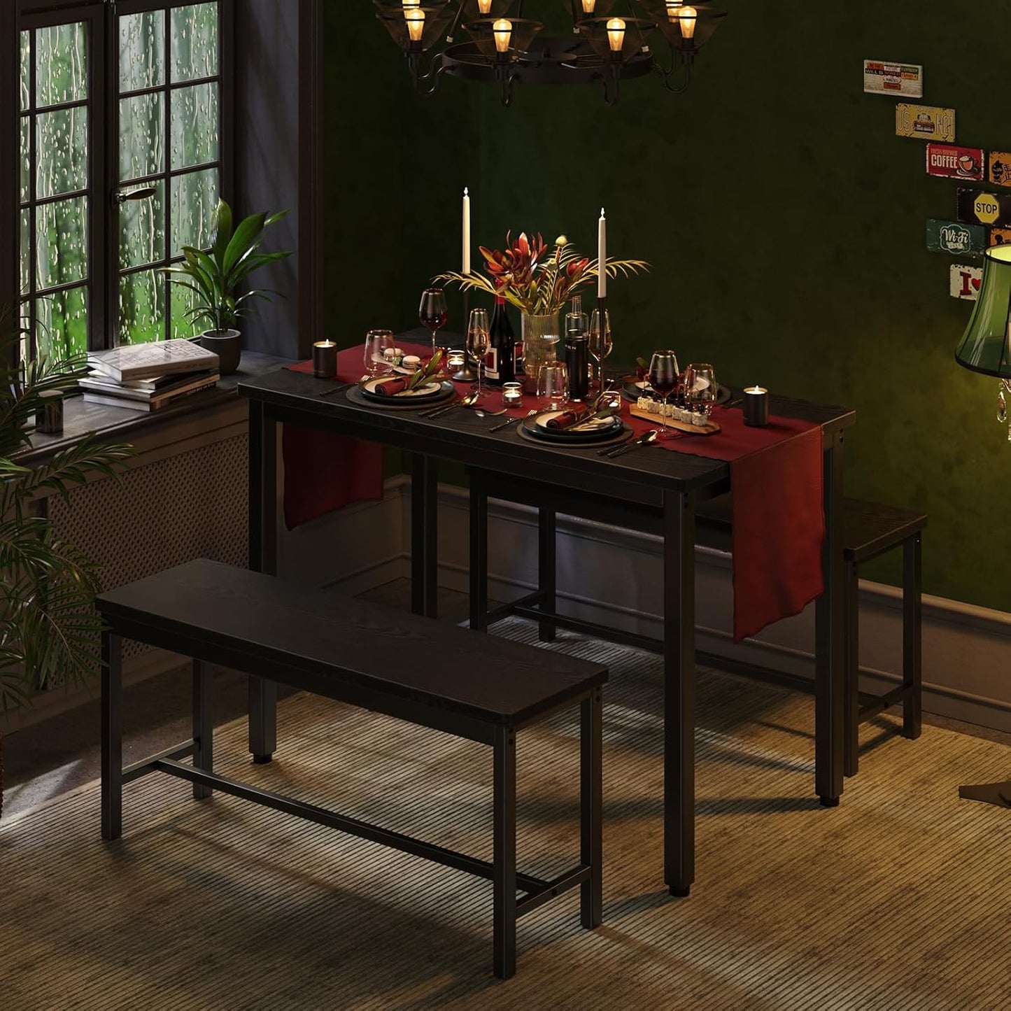 Tatub Dining Table Set for 4, 3-Piece Kitchen Table with 2 Benches, Space-Saving Dining Room Set for Breakfast Nook and Small Spaces, Black