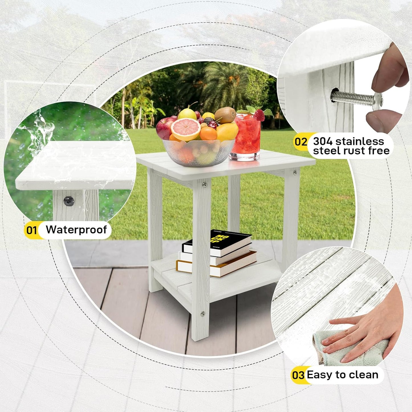 Melucivi Weather Resistant Outdoor Side Table, Double Small Adirondack Side Table for Adirondack Chair - Indoor Outdoor End Table, Patio Table for Pool, Deck and Porch (White)