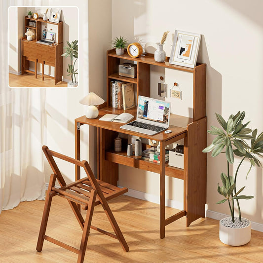 31.1" Bamboo Folding Desk with Bookshelf, Compact Computer Desk for Small Spaces, Foldable Study Table with Storage Shelf, Space-Saving Home Office Table for Bedroom, Dorm, Apartment,Brown