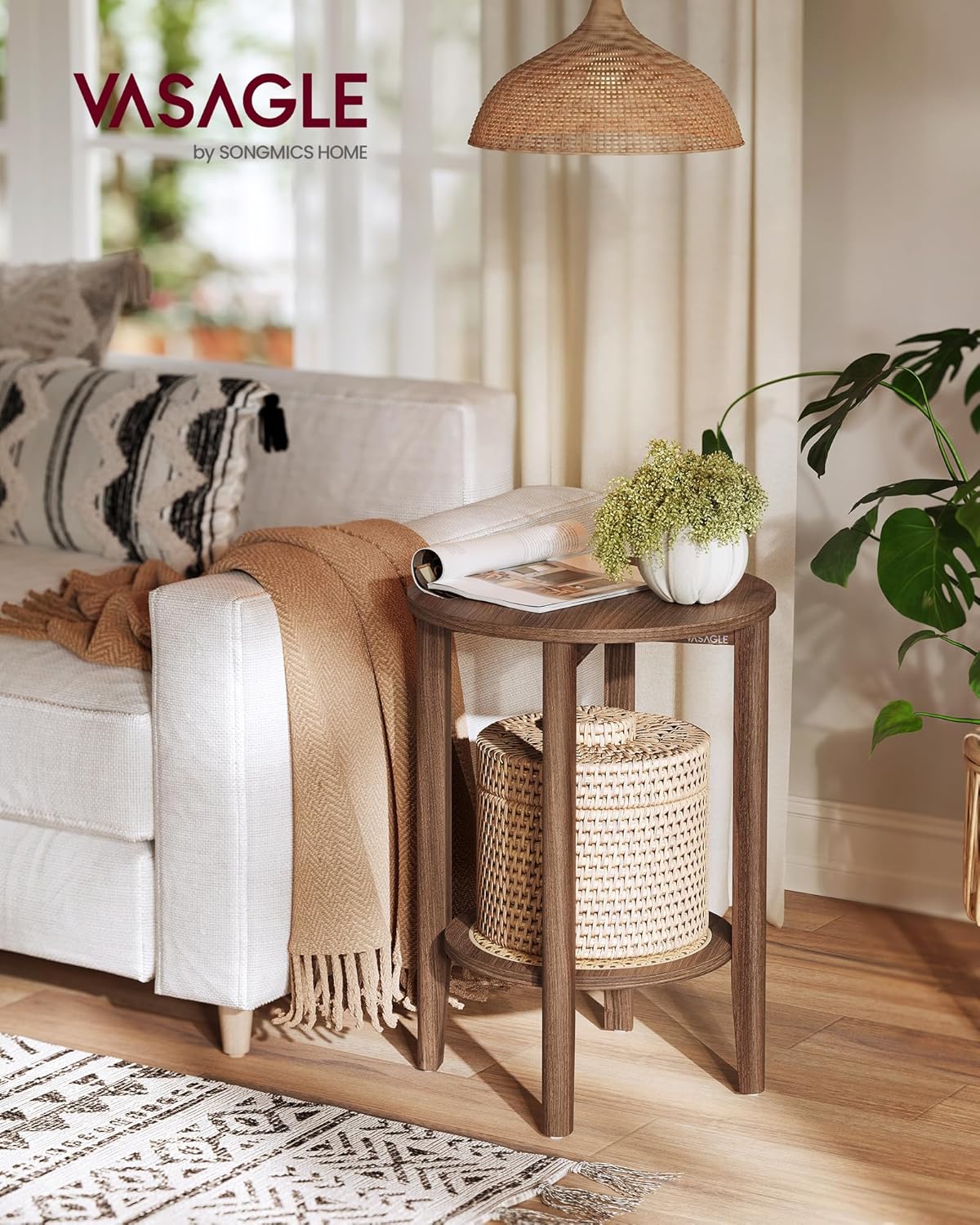 VASAGLE Round Side End Table, 2-Tier Boho Bedside Table with Rattan-Look Storage Shelf, Nightstand for Small Spaces, for Living Room, Bedroom, Home Office, Black Walnut ULET296K01