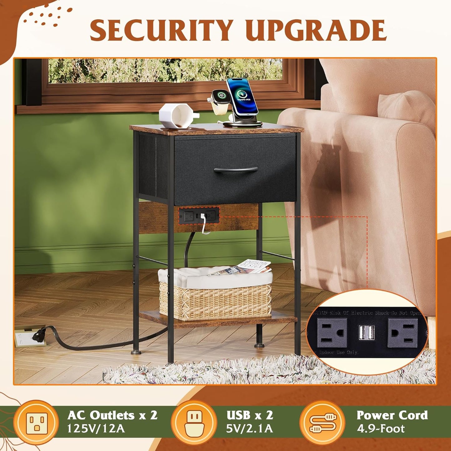 WLIVE Nightstand with Charging Station, Night Stand with 1 Fabric Drawer and Open Shelf, 25" H Bed Side Table for Bedroom, End Table, Small Dresser for Dorm, Entryway, Black and Rustic Brown