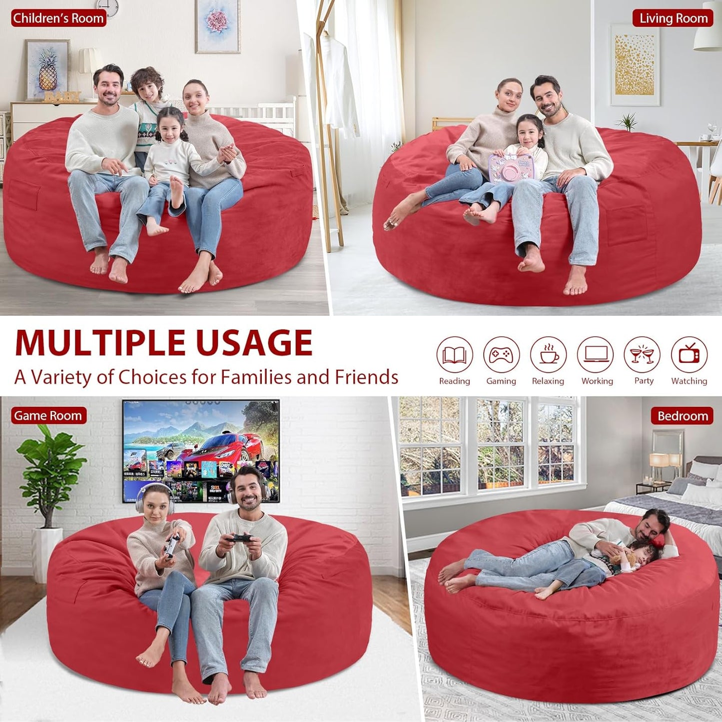 6FT Bean Bag Chair, Large Bean Bag Chairs with Memory Foam Filled, Fluffy Beanbag Sofa with Dutch Velvet Cover, Round BeanBag Chairs for Living Room, Playroom - Red