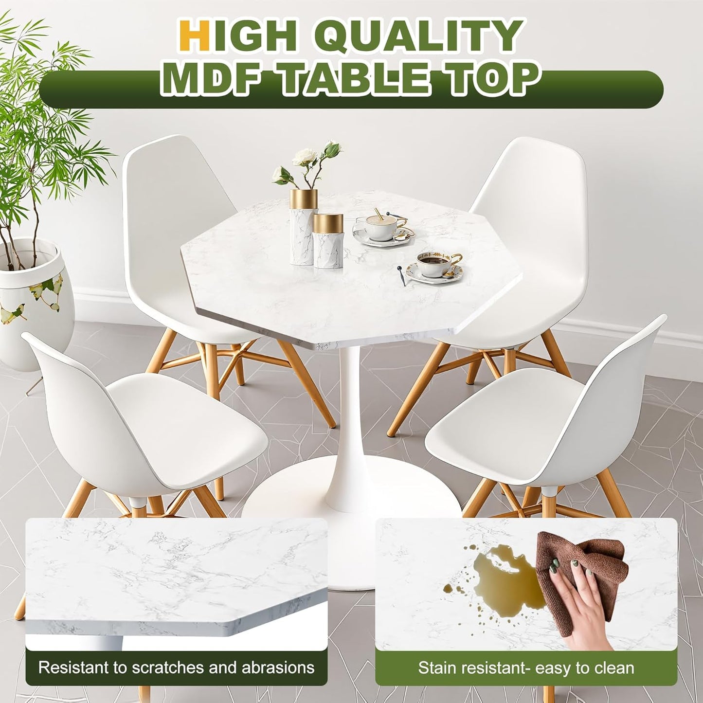 Dining Table for 2-4, 31.5" Kitchen Table with Printed Marble Top, Modern Tables for Dining Room, Living Room, Coffee Bar, White