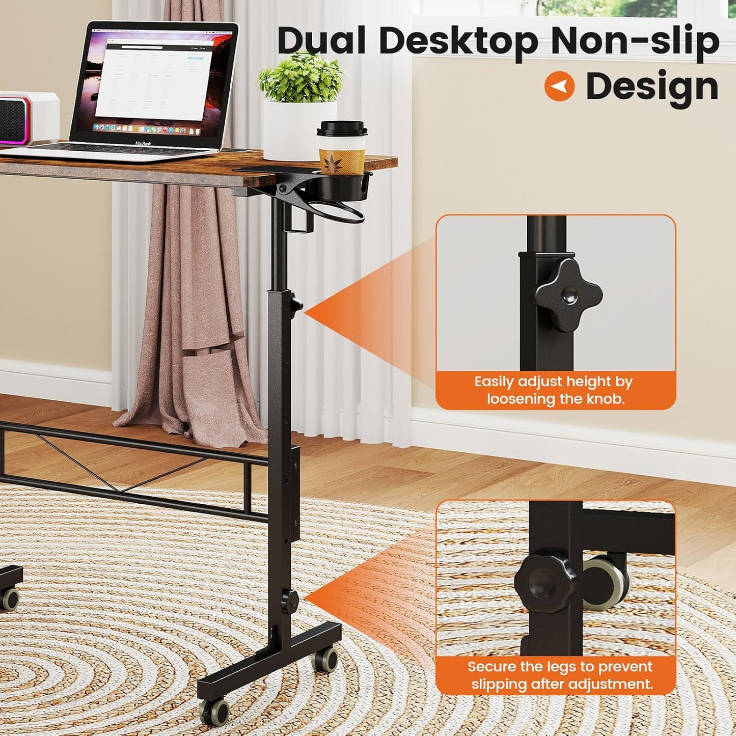 Hadulcet Small Standing Desk Adjustable Height, Rolling Desk for Standing or Sitting, Portable Computer Desk for Walking Pad, Rustic Brown