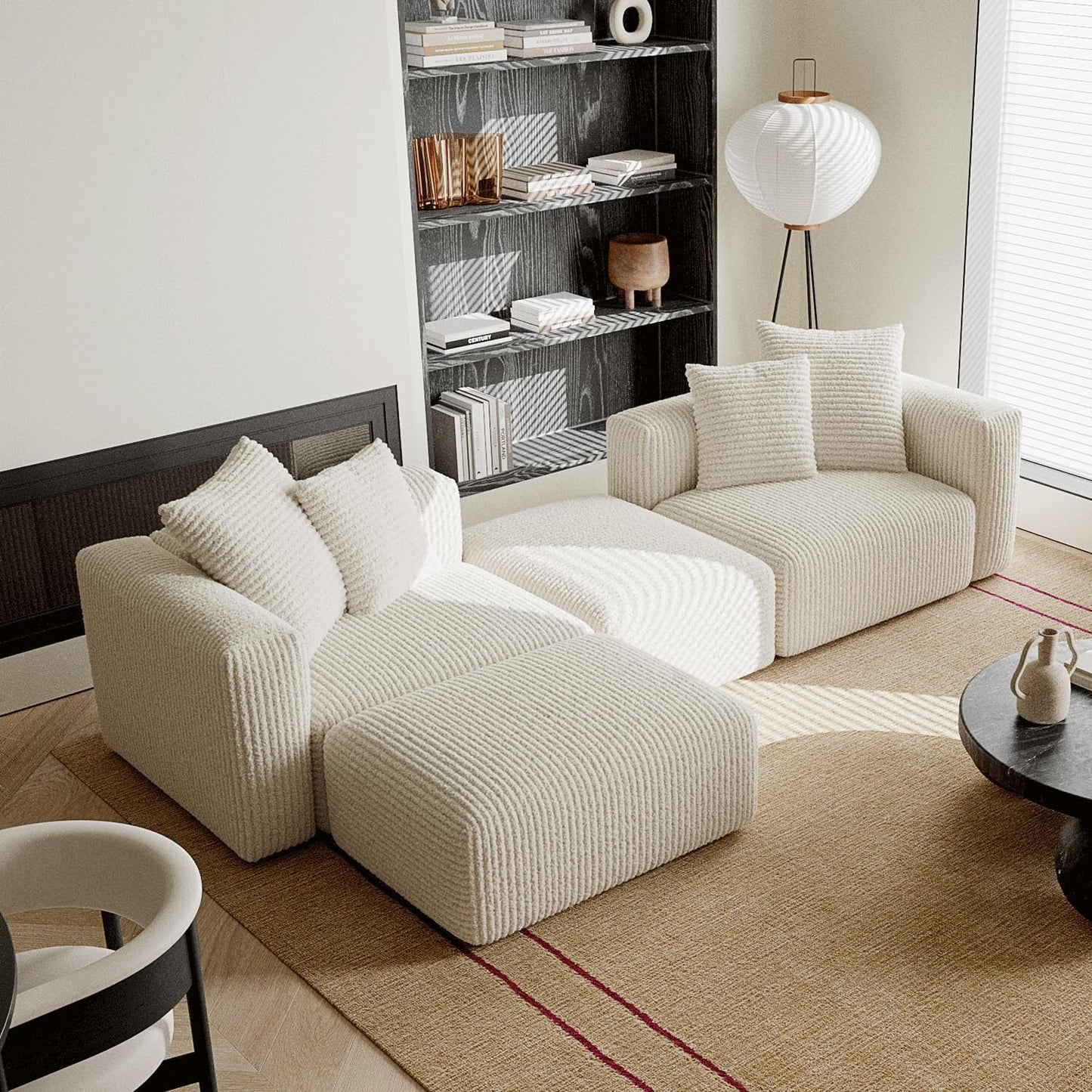 Acanva Corduroy Convertible Modular L Shaped Sectional Sofa, 4 Seater Free Combination Corner Couch, Convertible to DayBed, Wide Loveseat with Moveable Ottomans for Small Spaces, Sleeper Bed, White