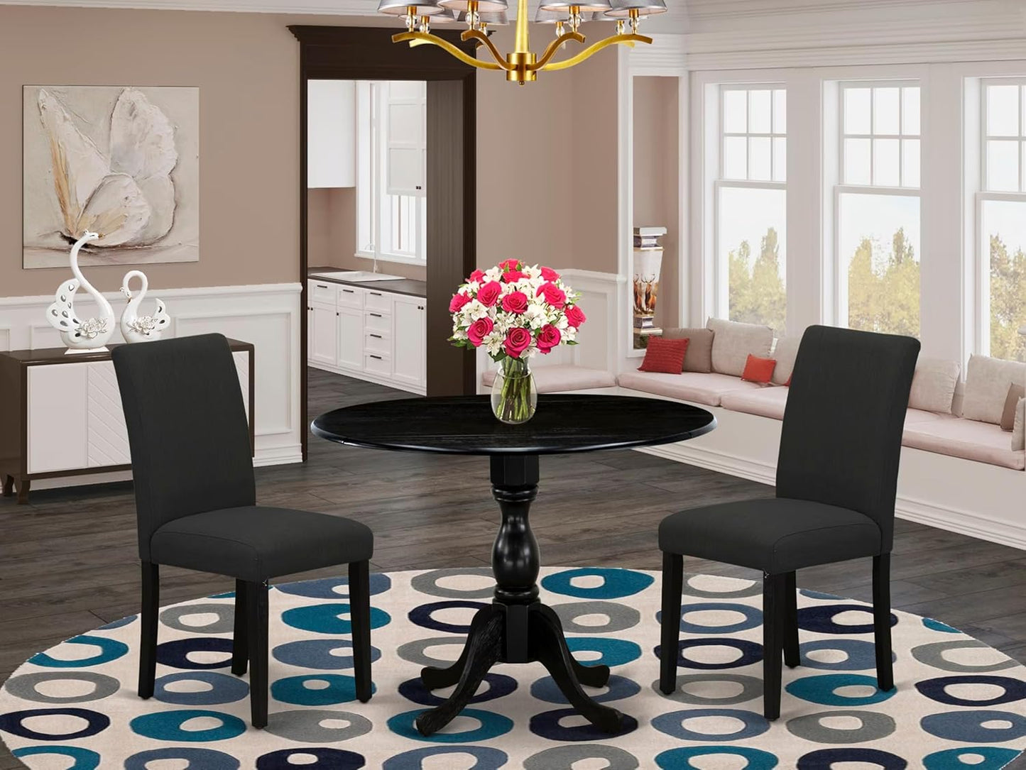 East West Furniture DMAB3-ABK-24 3 Piece Modern Dining Table Set Contains a Round Wooden Table with Dropleaf and 2 Black Color Linen Fabric Upholstered Chairs, 42x42 Inch, Wirebrushed Black