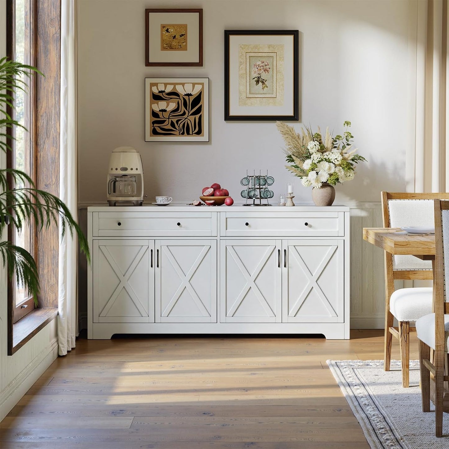 61'' Farmhouse Sideboard Buffet Cabinet with Storage, Large Kitchen Storage Cabinet with Barn Doors Drawers, White Coffee Bar Table for Dining Room Kitchen
