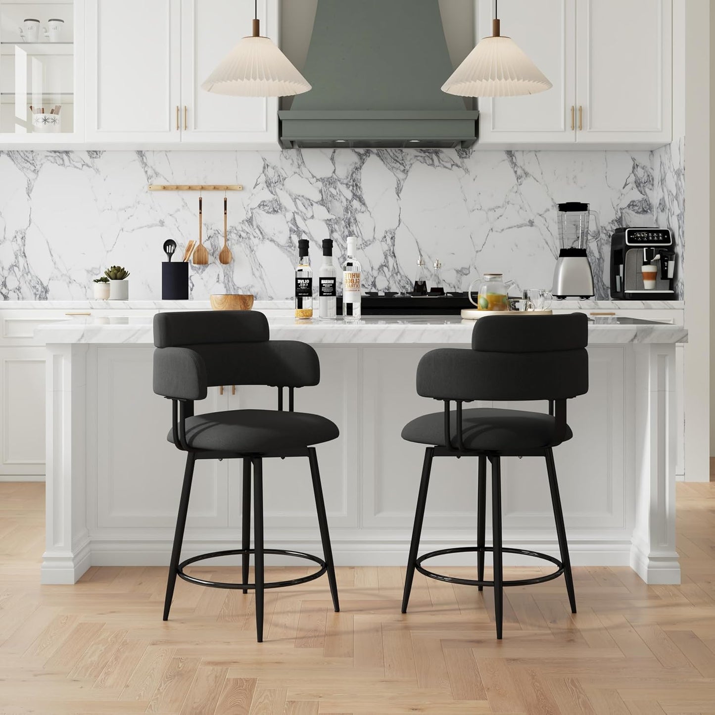 Swivel Bar Stools Set of 2, Counter Height Bar Stools with Ergonomic Full Back, Upholstered Linen Fabric Barstools with Chrome Metal Footrest for Kitchen Island, Dining Room