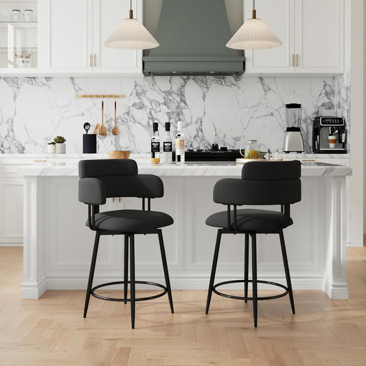 Swivel Bar Stools Set of 2, Counter Height Bar Stools with Ergonomic Full Back, Upholstered Linen Fabric Barstools with Chrome Metal Footrest for Kitchen Island, Dining Room