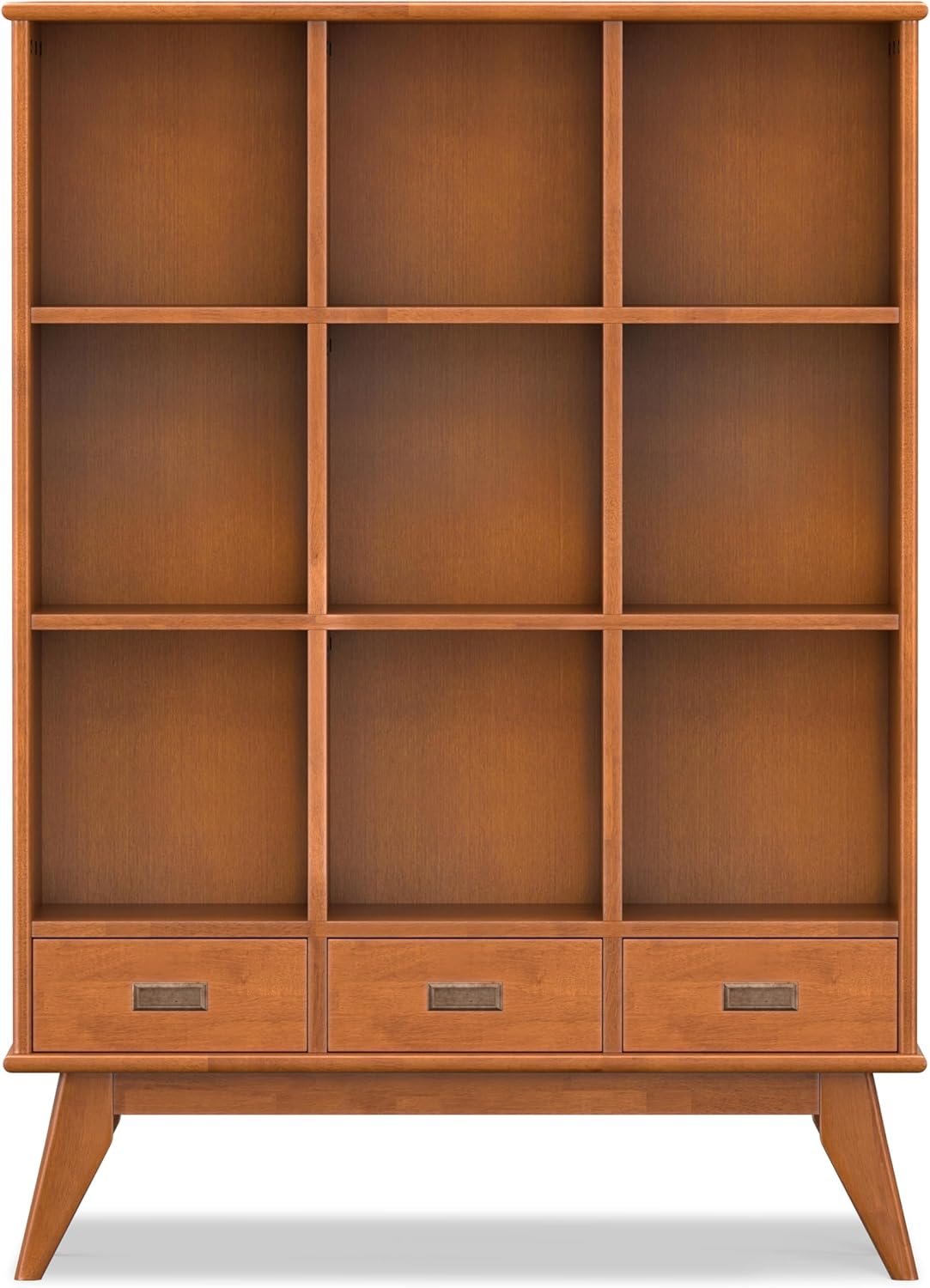 SIMPLIHOME Draper Bookcase - 58 inch Tall 9-Cube Solid Hardwood Cube Organizer with Drawers in Teak Brown, Mid-Century Storage for Living Room, Entryway or Bedroom with Cubbies and Angled Legs