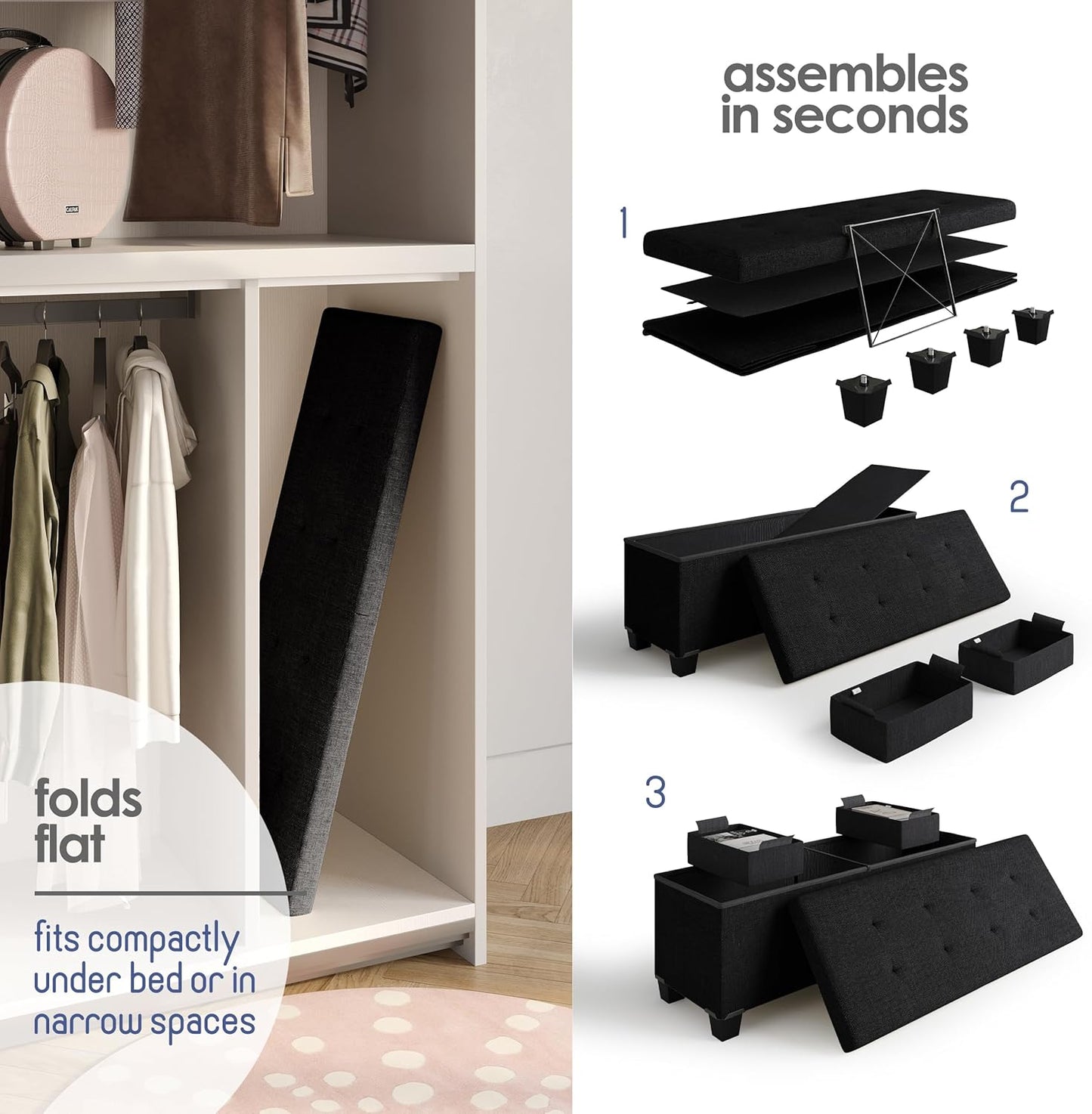 STORAGEBUD Storage Ottoman Bench with Bins, 43-in Storage Bench for Bedroom End of Bed, Folding Foot Rest Ottoman for Living Room Max 660lbs, Fabric Ottomans, Black