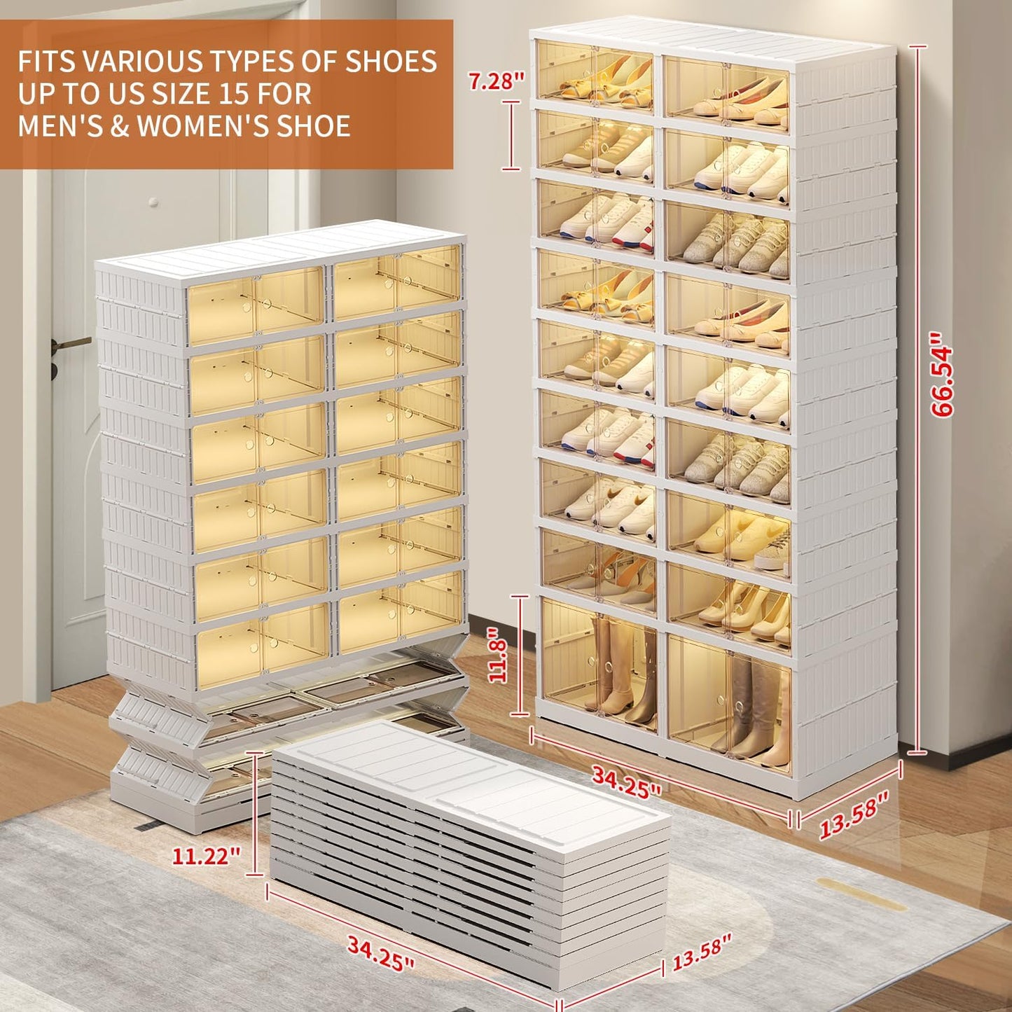 Foldable 9-Tier Shoe Rack Organizer for 18-36 Pairs - Collapsible Clear Plastic Shelf for Closet, Entrance or Front Door - Tall Stackable Folding Shoes Storage Boxes cabinet
