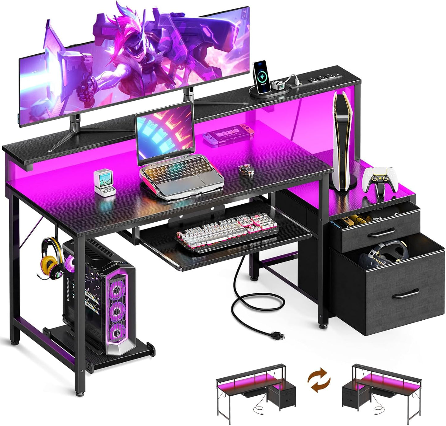 AODK Computer Desk with Drawers and Keyboard Tray, 55" Office Desk with Power Outlet and LED Lights, Reversible Study Work Desk with Printer Shelf and PC Stand for Home Office, Black